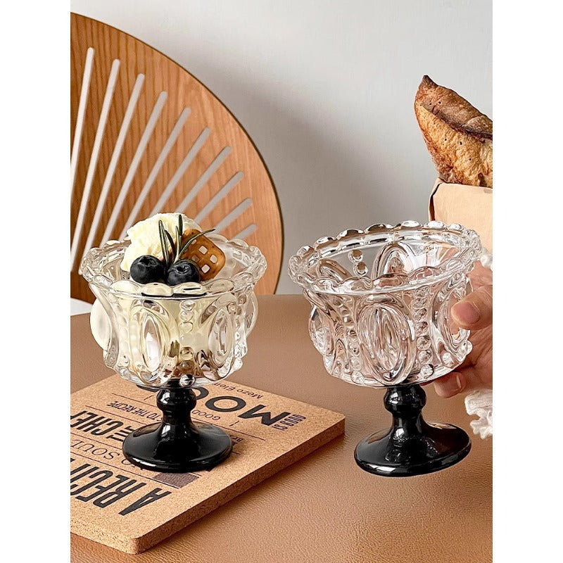 Elegant European High-Stem Glass Dessert Cup – Nordic Embossed Ice Cream Bowl, Luxury Parfait, Yogurt, Bird’s Nest Serving Glass, Home Dessert Dish