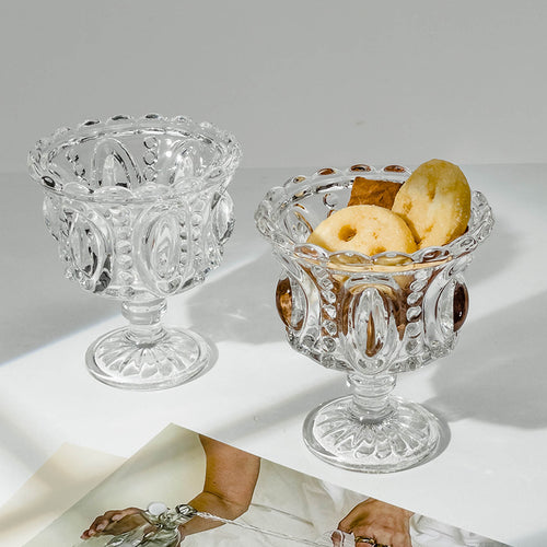 Elegant European High-Stem Glass Dessert Cup – Nordic Embossed Ice Cream Bowl, Luxury Parfait, Yogurt, Bird’s Nest Serving Glass, Home Dessert Dish
